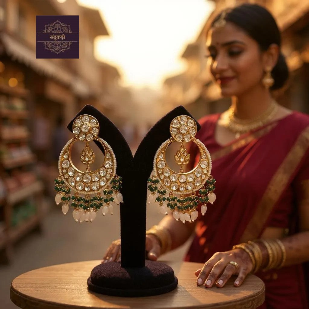 Meherbaan Polki Kundan Chandbalis – Royal Grandeur in Every Drape
