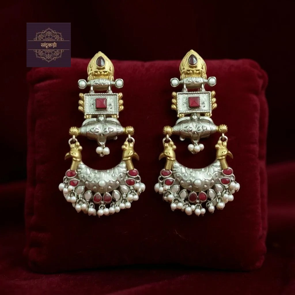 Rajvanshi Raga Antique Silver & Gold Plated Temple Earrings