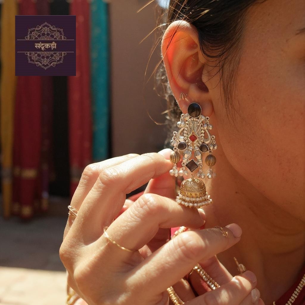 Royal Kundan Temple Jhumka Earrings – Multicolor Gemstone & Pearl Detailing