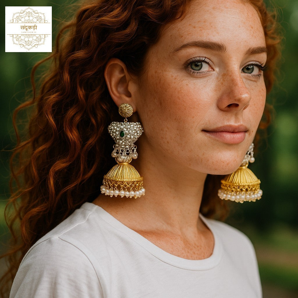 Maharani Jadau Pearl Jhumka Earrings – Gold & Kundan Elegance