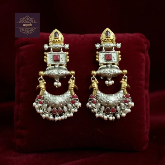 Rajvanshi Raga Antique Silver & Gold Plated Temple Earrings
