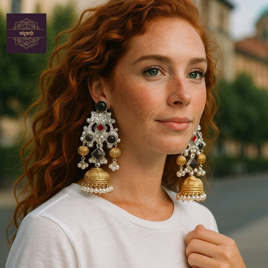 Royal Kundan Temple Jhumka Earrings – Multicolor Gemstone &amp; Pearl Detailing