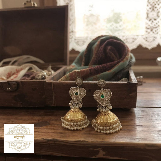 Maharani Jadau Pearl Jhumka Earrings – Gold &amp; Kundan Elegance