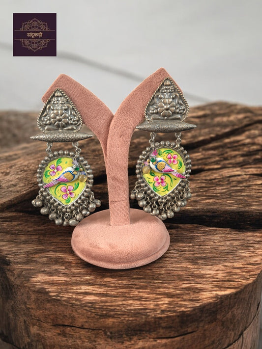 Hand-painted bird and floral design earrings